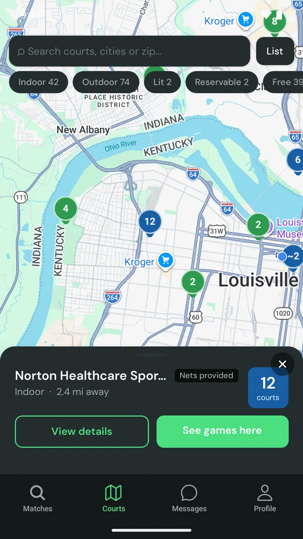 Map of Louisville courts with filter chips and a court card with See games here