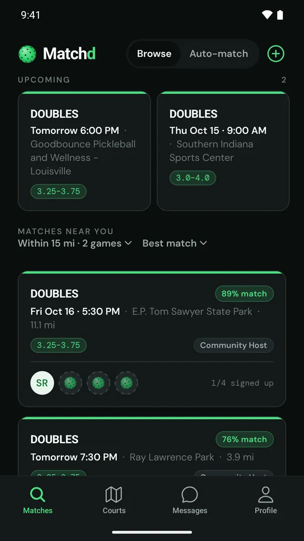 Matchd's Matches screen: upcoming games and nearby doubles games, each with a skill range and a match score